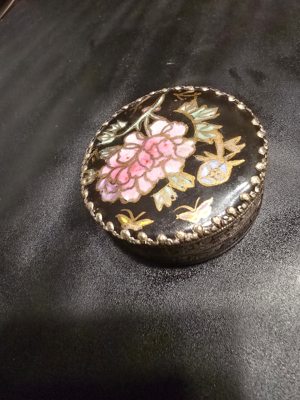Hand-Painted Floral Decorative Compact Box - Pink on Black